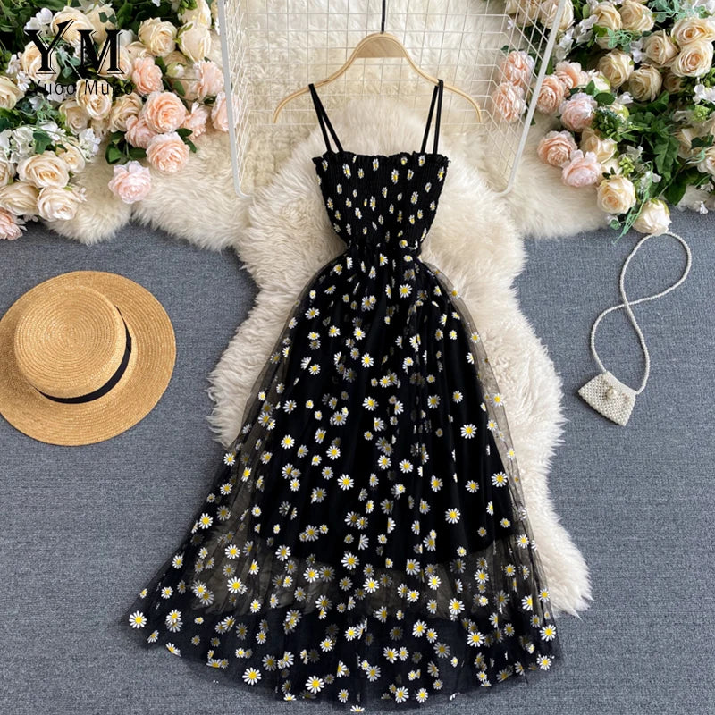 Daisy Floral Mesh Two-Layer Midi Dress