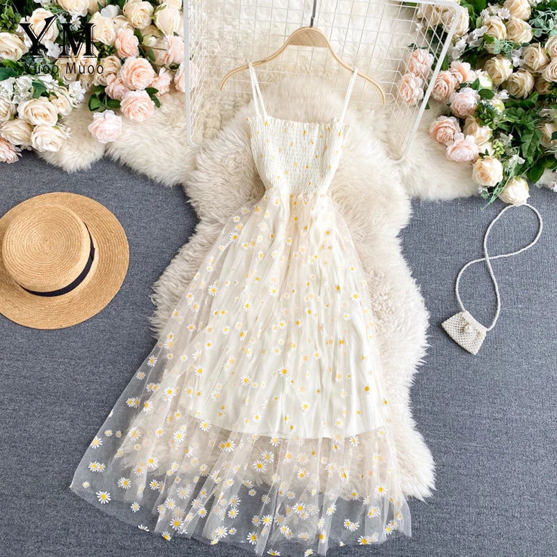 Daisy Floral Mesh Two-Layer Midi Dress