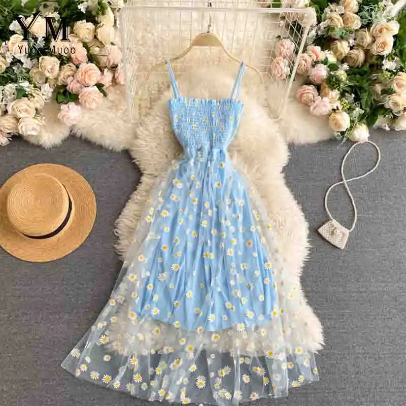 Daisy Floral Mesh Two-Layer Midi Dress