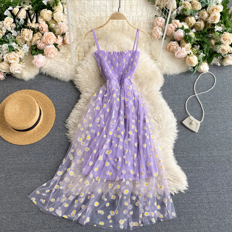Daisy Floral Mesh Two-Layer Midi Dress
