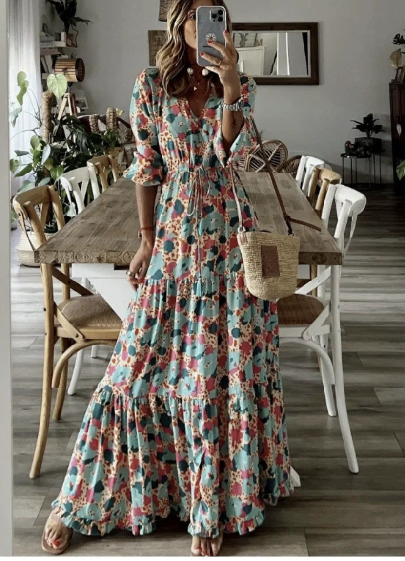 Floral V-Neck Bohemian Maxi Dress