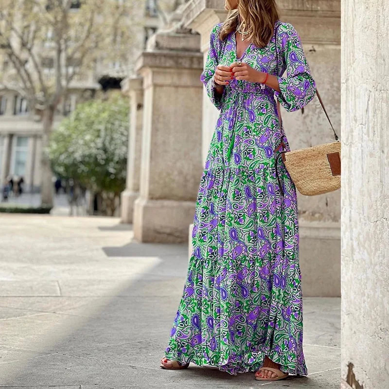 Floral V-Neck Bohemian Maxi Dress